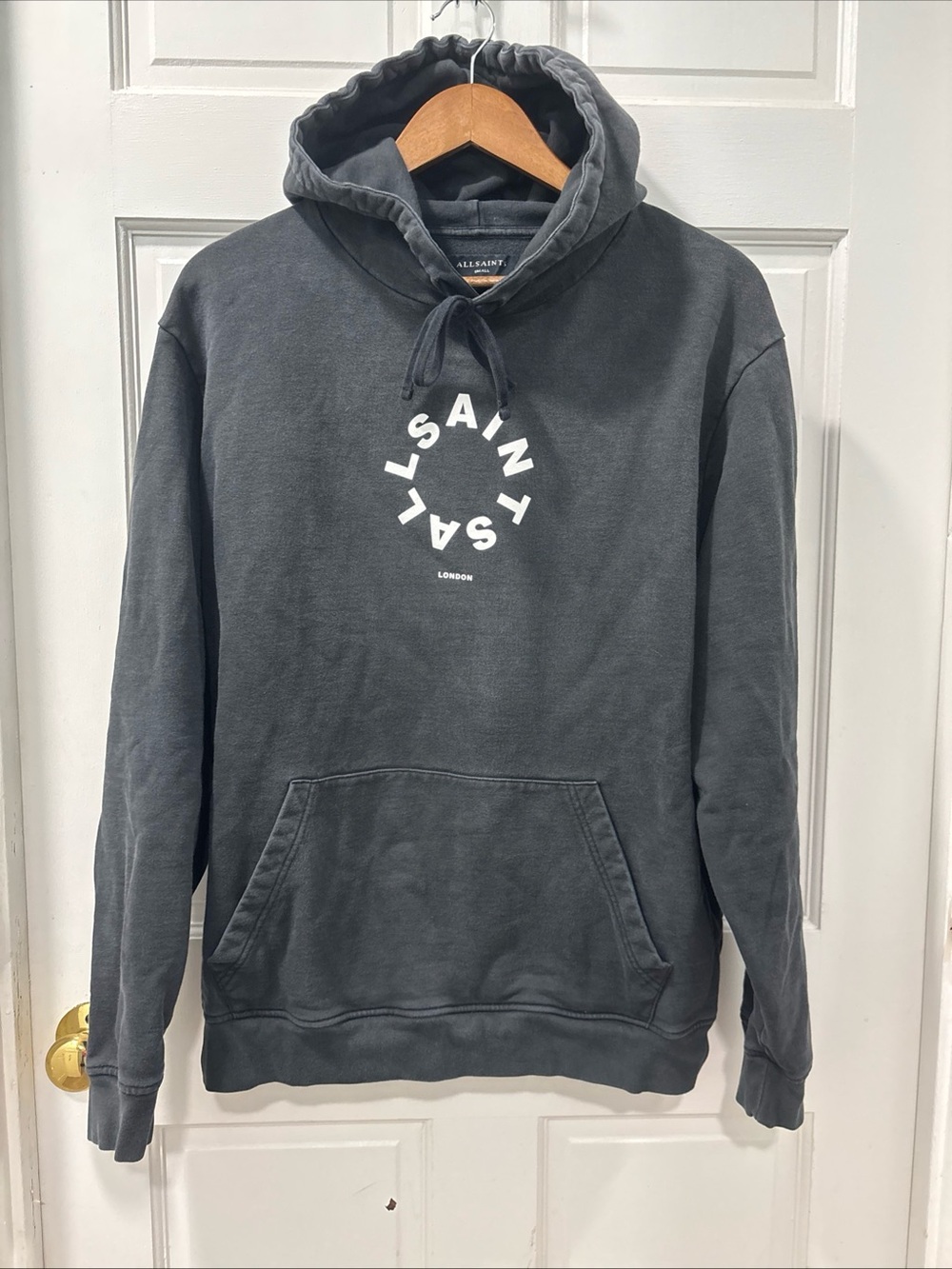 AllSaints Tierra Pullover Hoodie Size Small Washed Black Circle Logo Cotton EUC